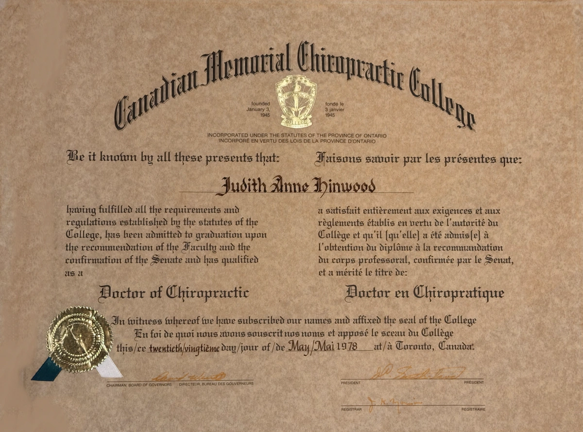 Judy Hinwood's Doctor of Chiropractic diploma from the Canadian Memorial Chiropractic College