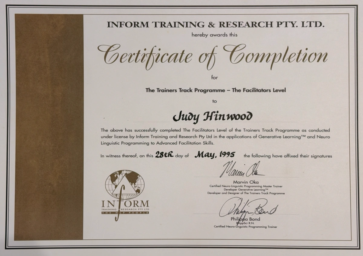 Judy Hinwood's Certificate of Completion from Inform Training & Research