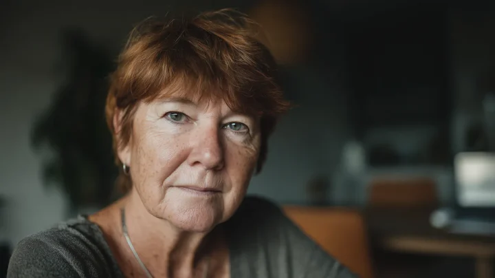 Older woman with short red hair in a quiet, reflective moment