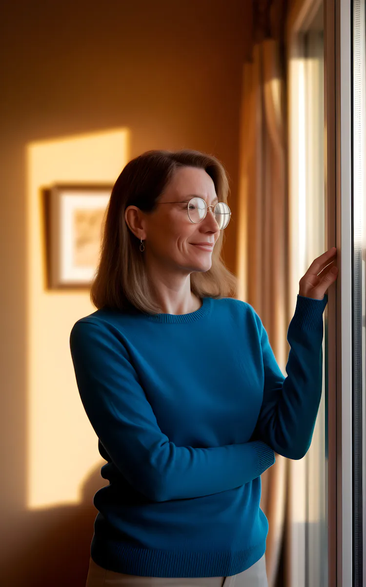 Woman in a blue jumper looking out of a sunlit window