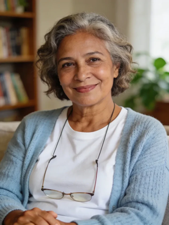 Smiling older woman with grey hair in a blue cardigan