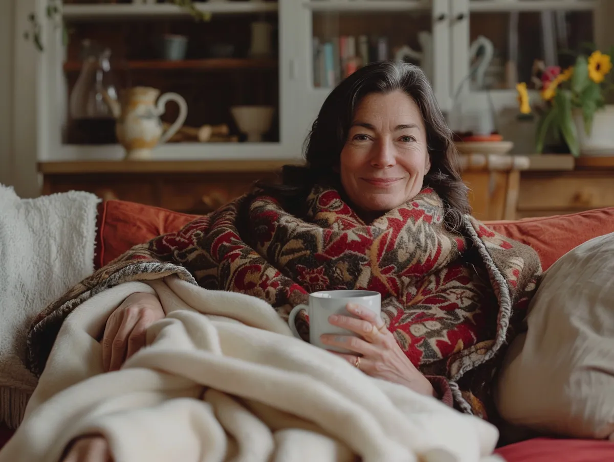 Woman resting on a sofa under a blanket with a cup of tea