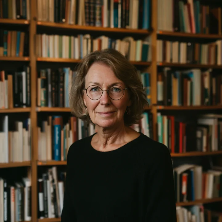 Woman with glasses standing in front of a bookshelf