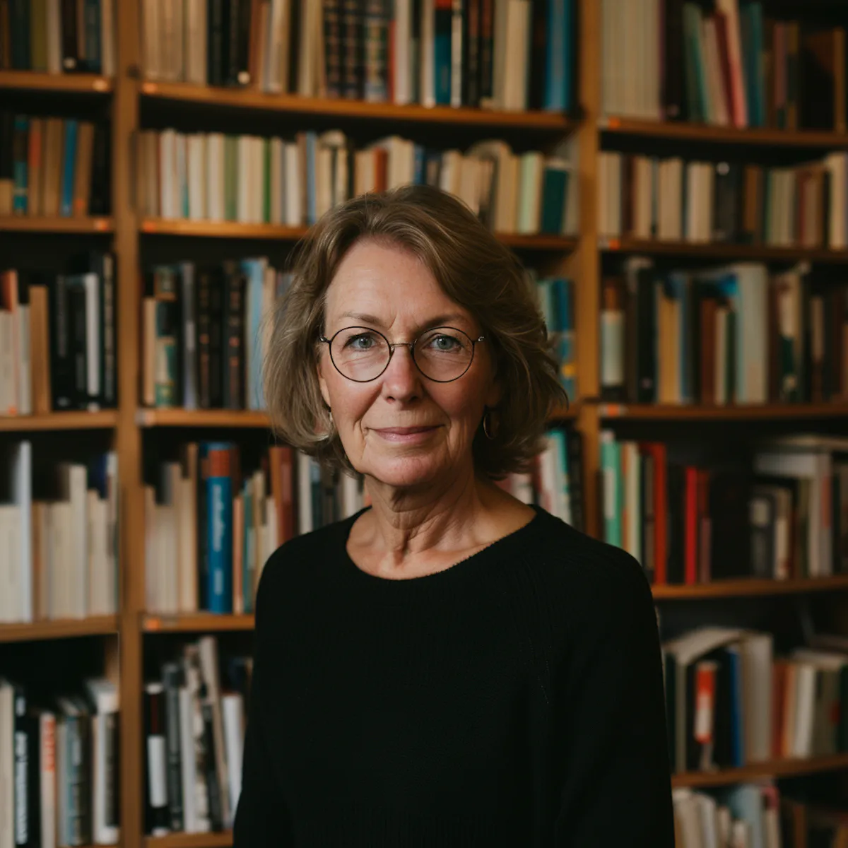 Woman with glasses standing in front of a bookshelf